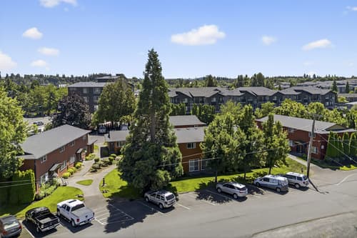 Aerial view of Lincoln Court Townhomes community with mountain backdrop in Fairview, Oregon