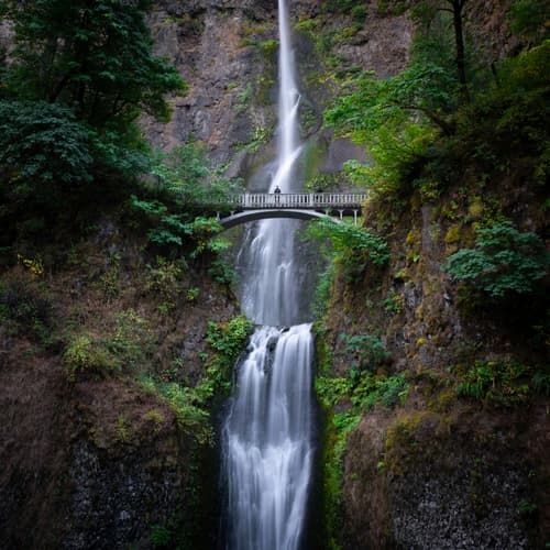 Multnomah Falls with Benson Bridge in the Columbia River Gorge
